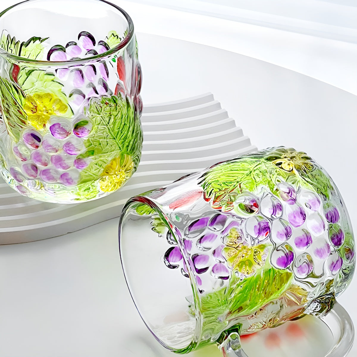 Hand-Painted Embossed Floral Glass Cup (Pack of 2)