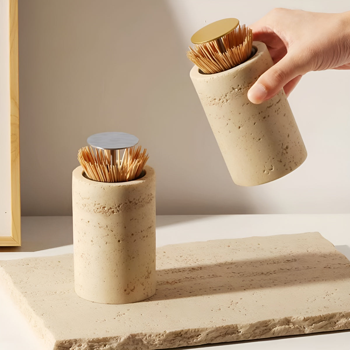 Stone Toothpick Holder with Metal Press Lid