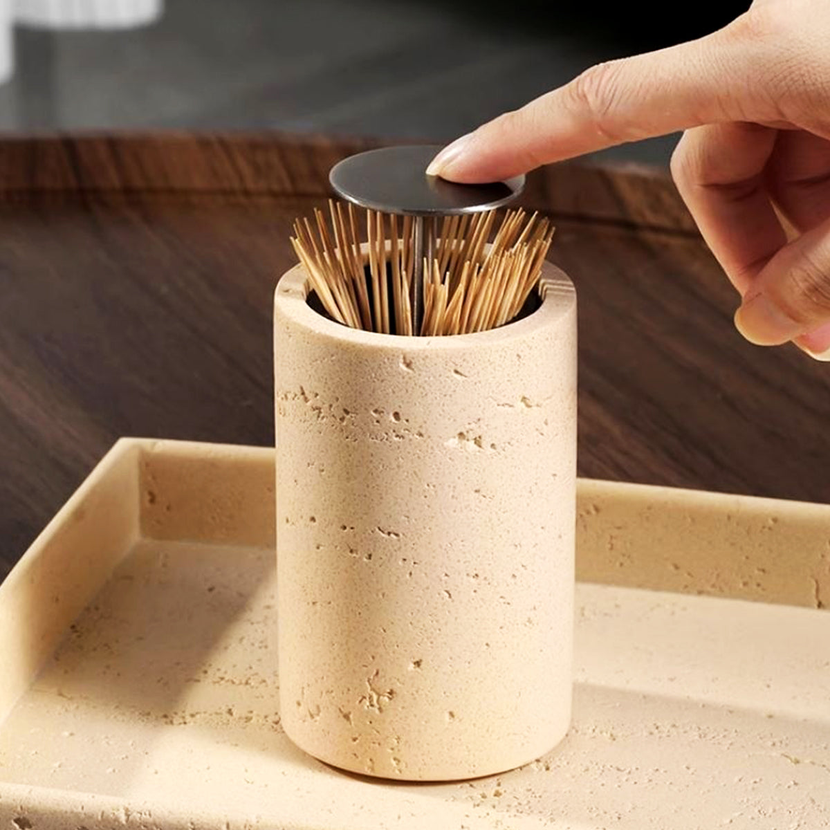 Stone Toothpick Holder with Metal Press Lid