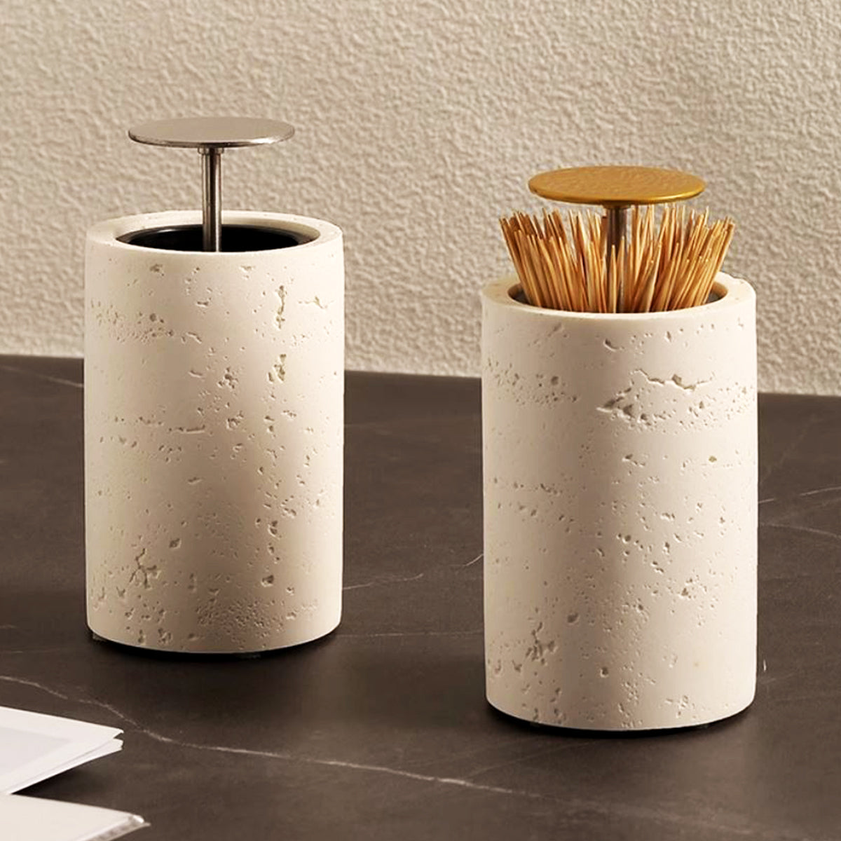 Stone Toothpick Holder with Metal Press Lid