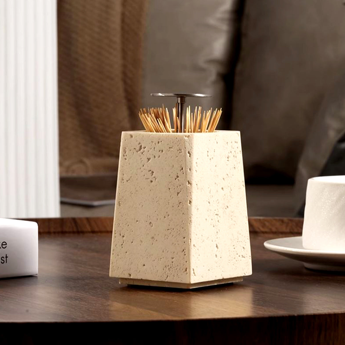 Stone Toothpick Holder with Metal Press Lid