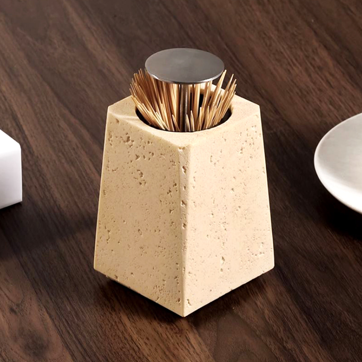 Stone Toothpick Holder with Metal Press Lid