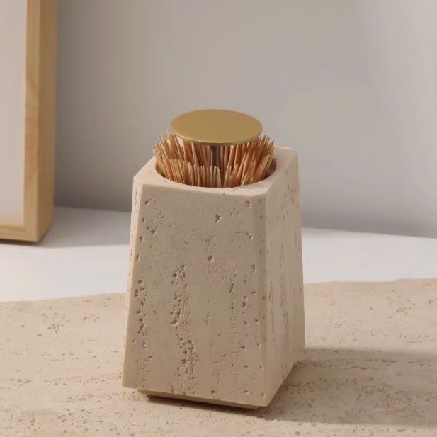 Stone Toothpick Holder with Metal Press Lid