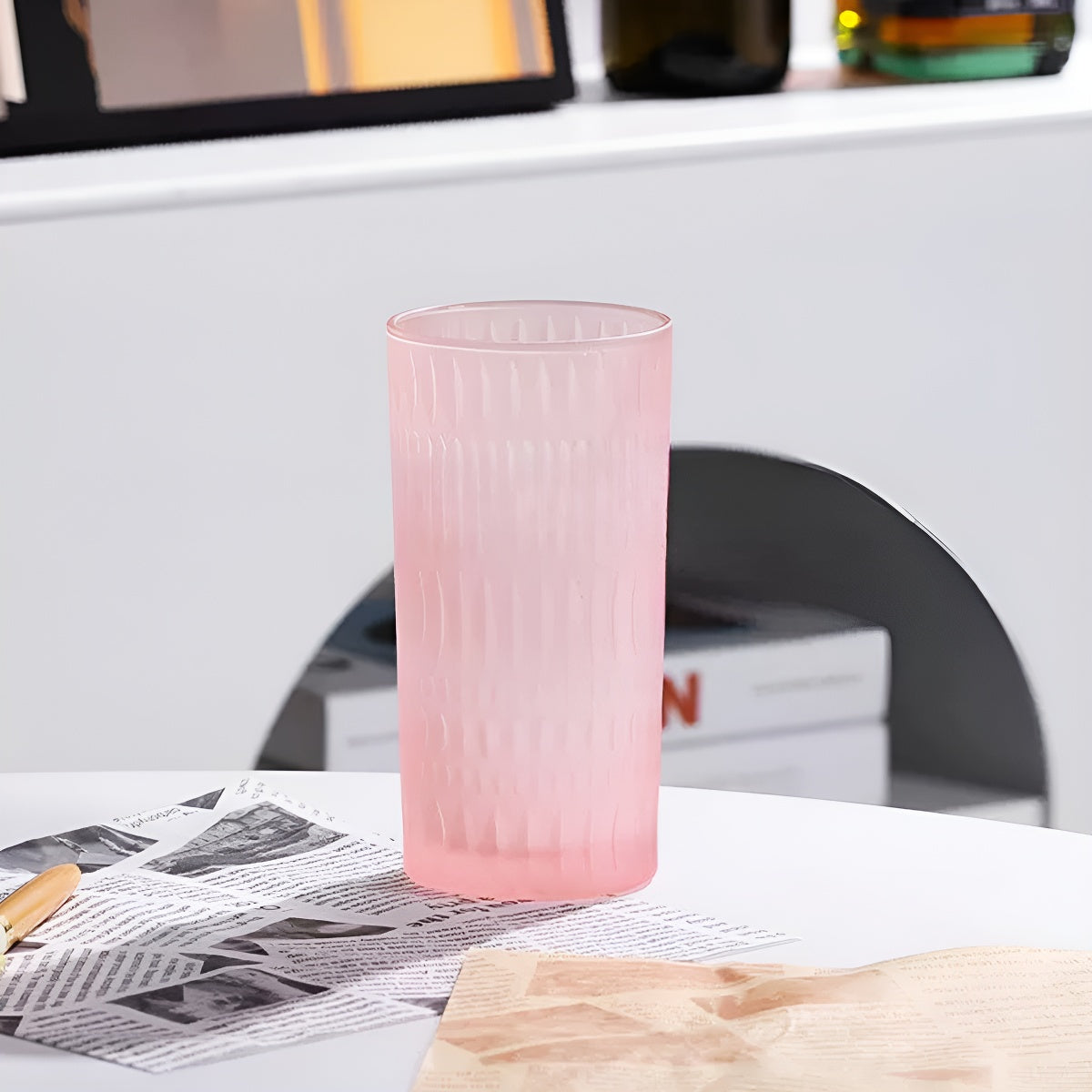 Frosted Embossed Pink Glass Tumblers Set (1 Tall + 1 Short)