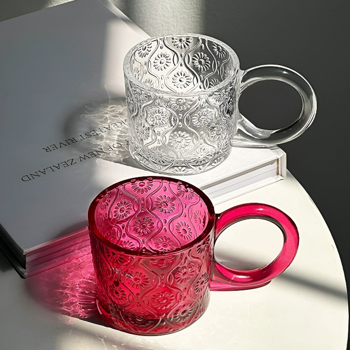 Rose-Red Embossed Glass Mug