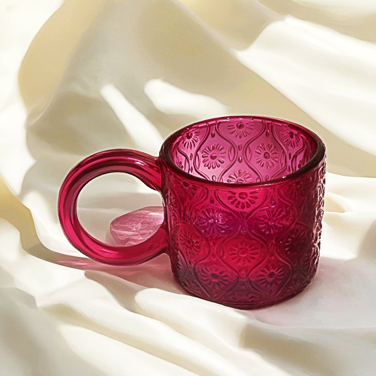 Rose-Red Embossed Glass Mug