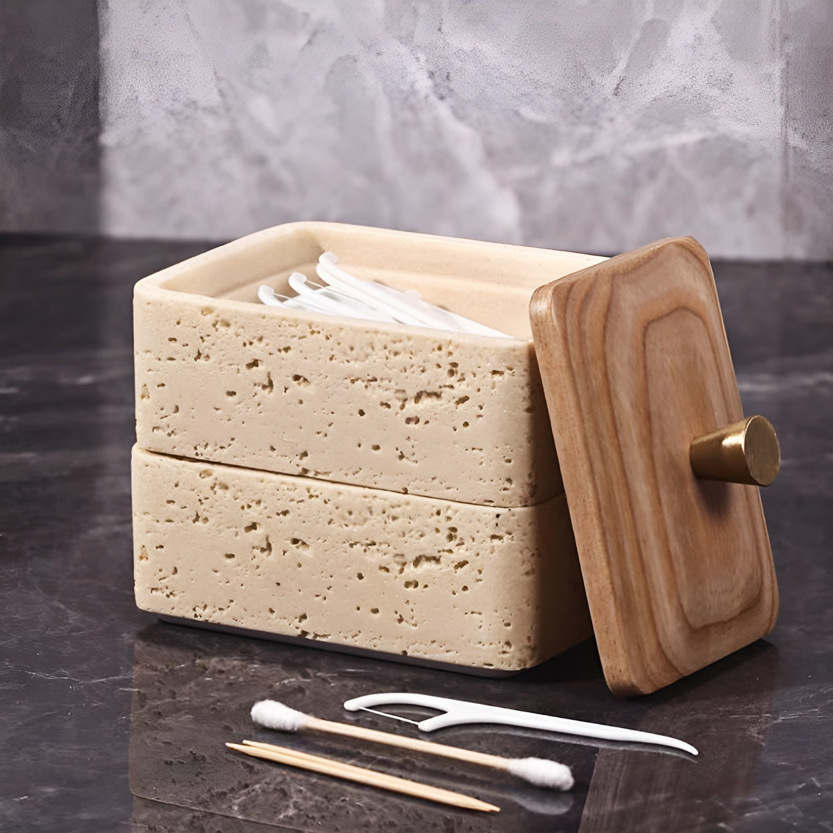 Travertine Double-Layer Organizer with Walnut Lid