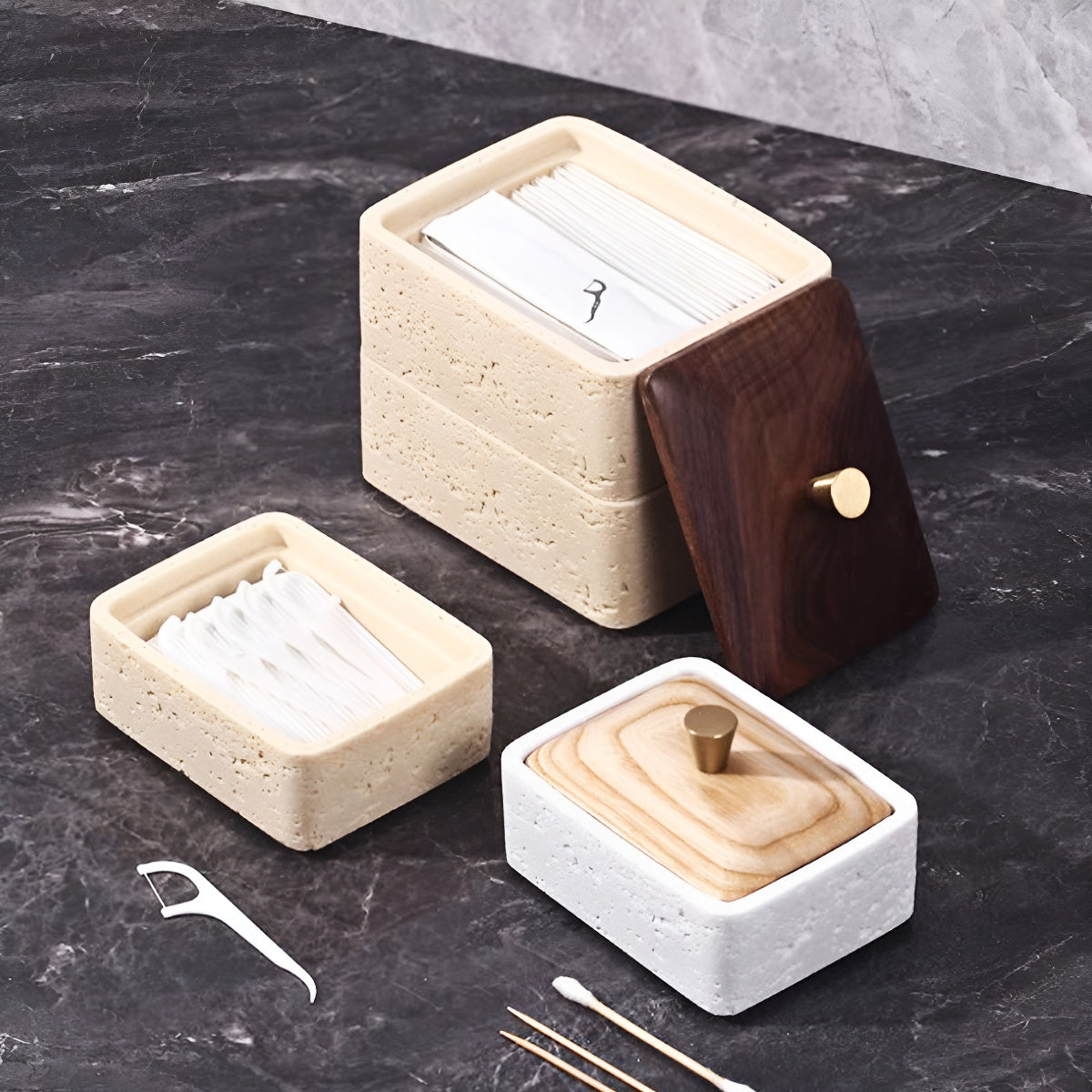 Travertine Double-Layer Organizer with Walnut Lid