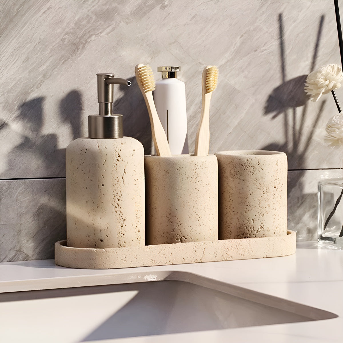 Travertine Shampoo Lotion Dispenser Round Bottle