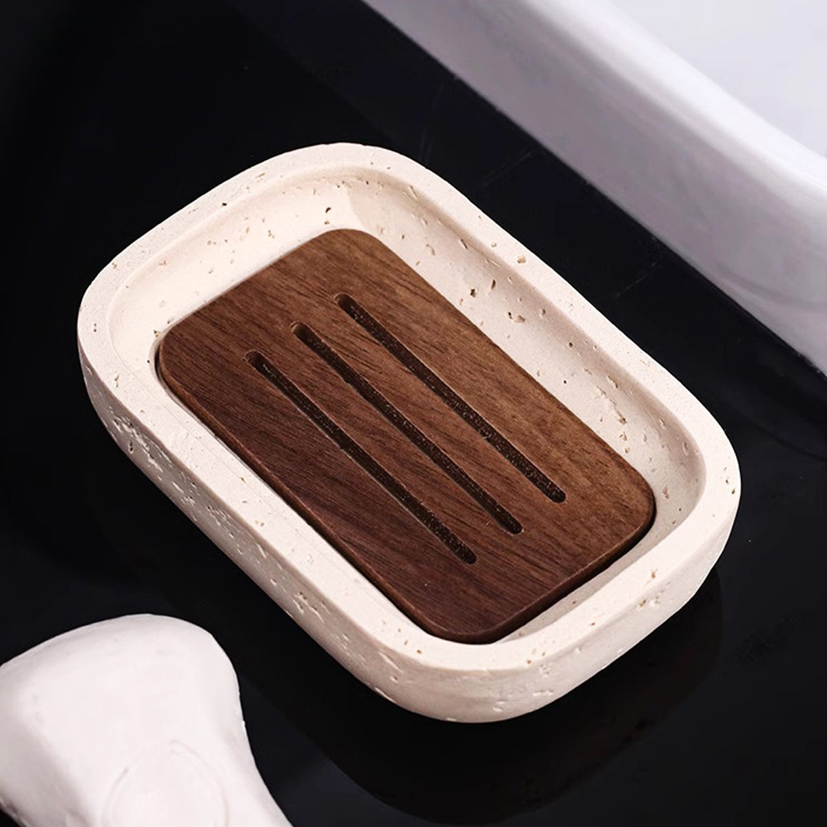 Travertine Soap Dish with Wood Lid