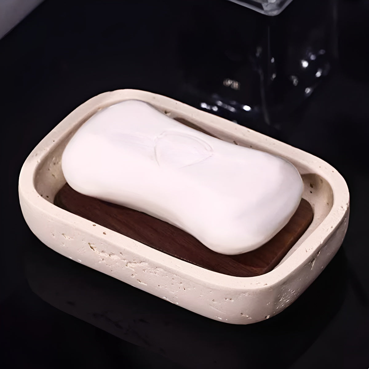 Travertine Soap Dish with Wood Lid