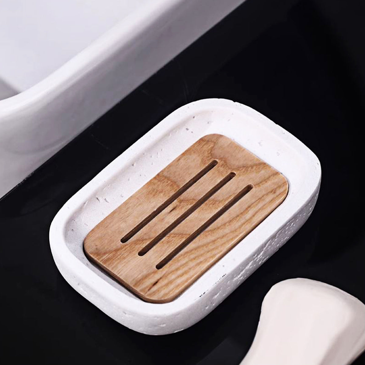 Travertine Soap Dish with Wood Lid