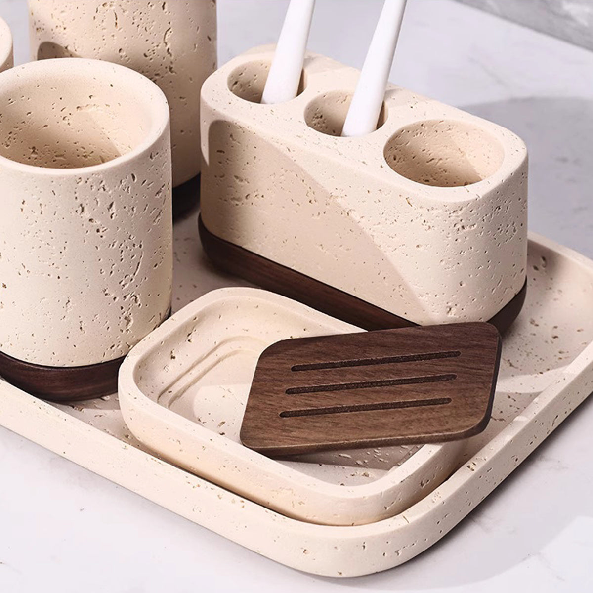 Travertine Soap Dish with Wood Lid