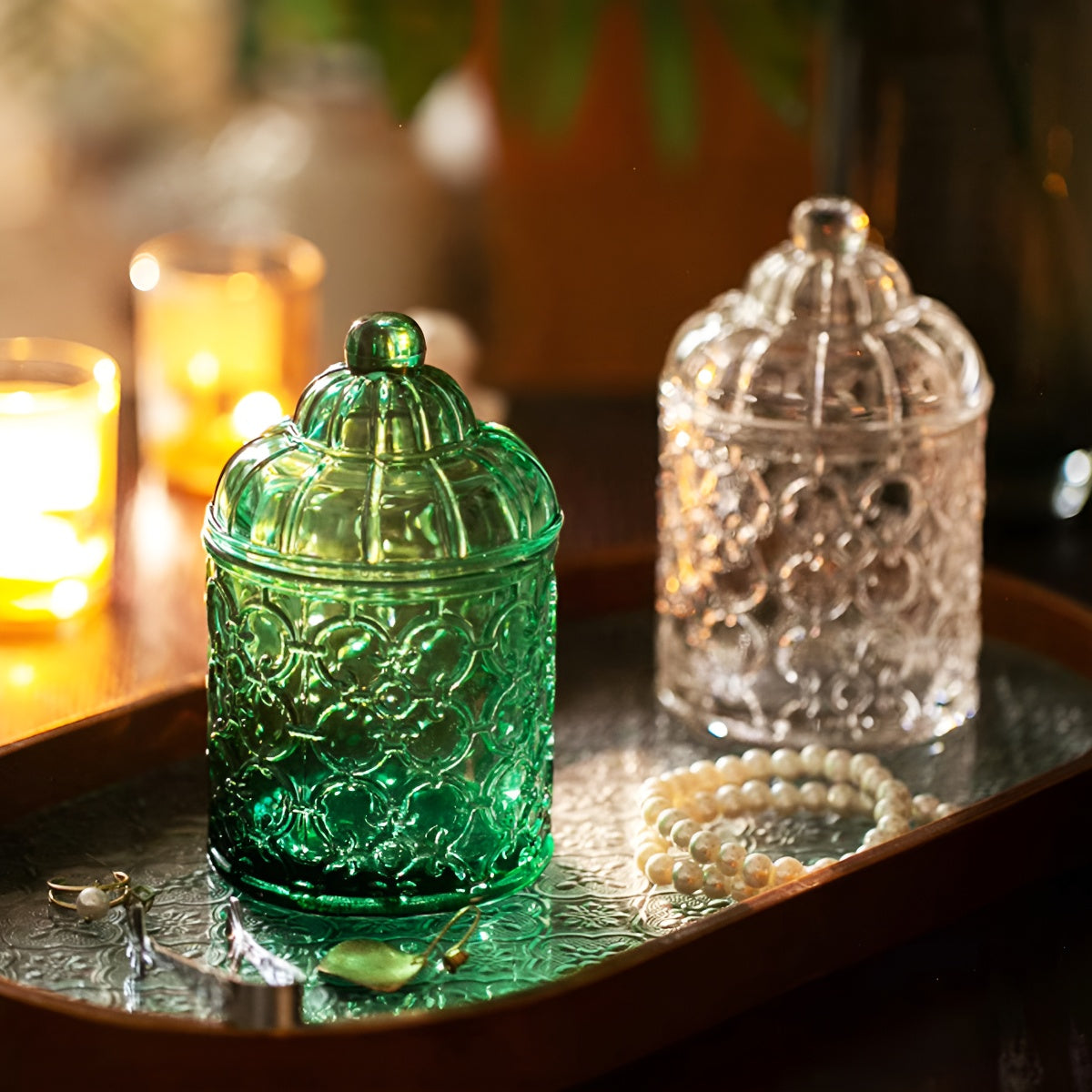 Vintage French Embossed Glass Storage Jar with Lid