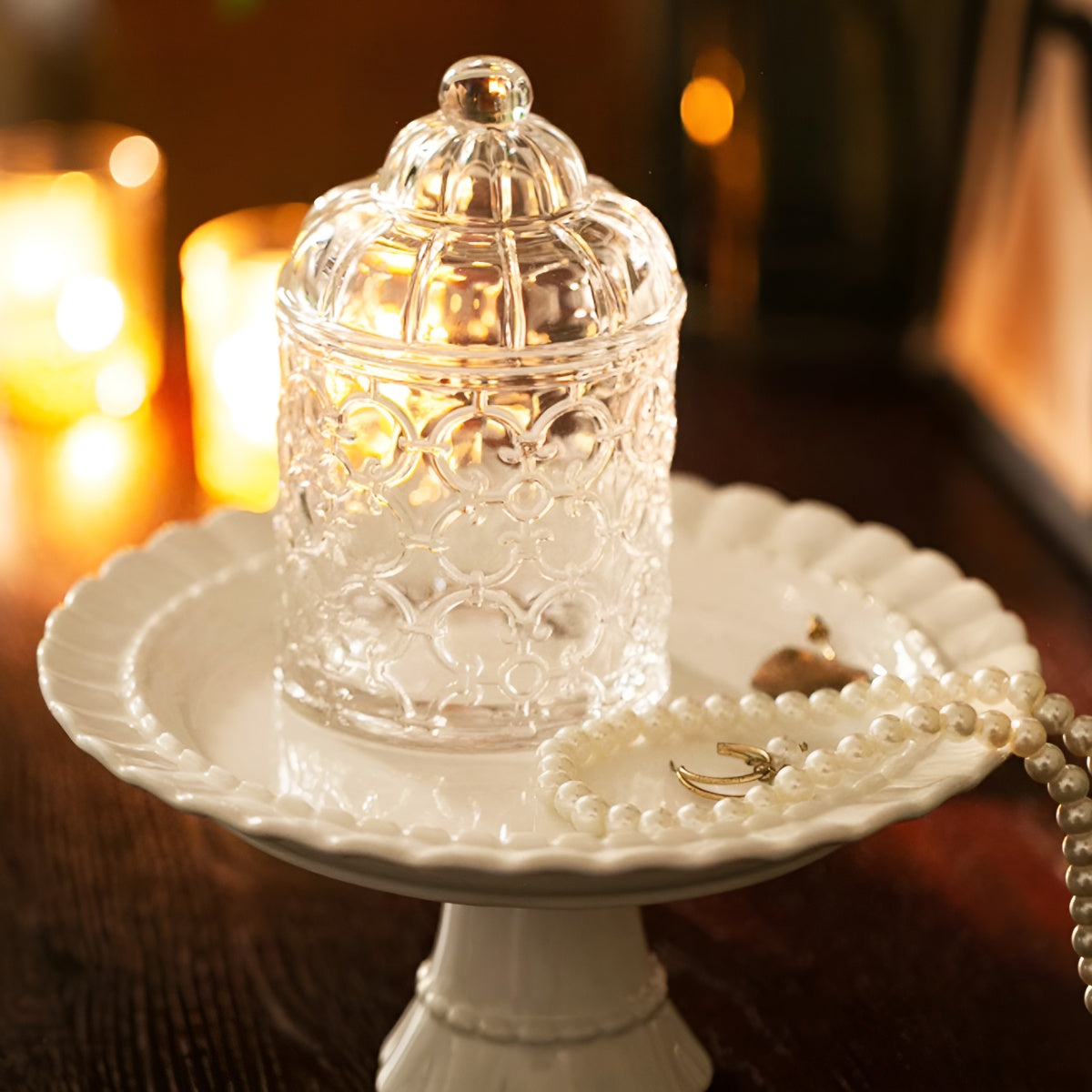 Vintage French Embossed Glass Storage Jar with Lid