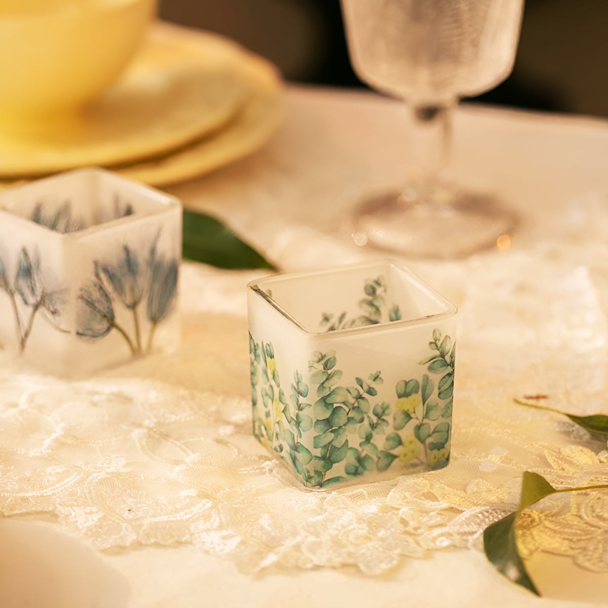 Frosted Floral Square Glass Candle Holder