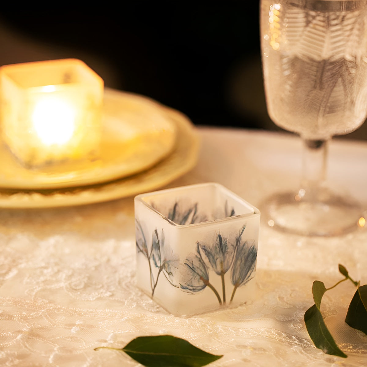 Frosted Floral Square Glass Candle Holder