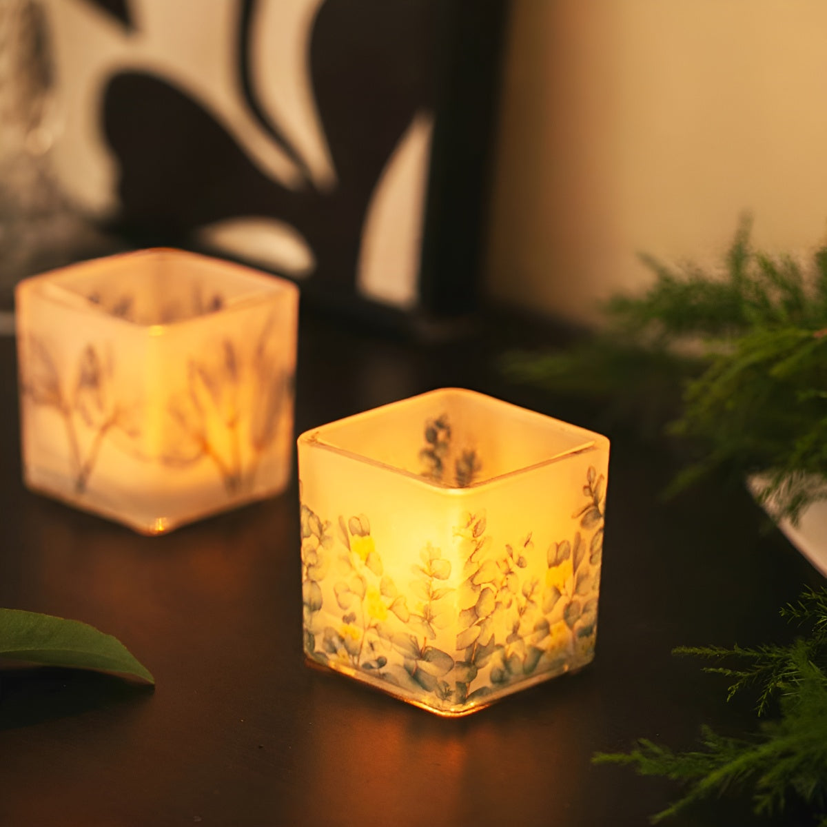 Frosted Floral Square Glass Candle Holder