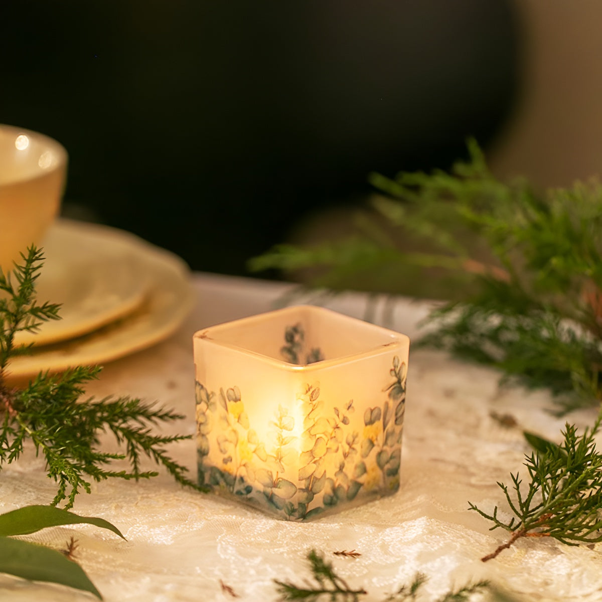 Frosted Floral Square Glass Candle Holder