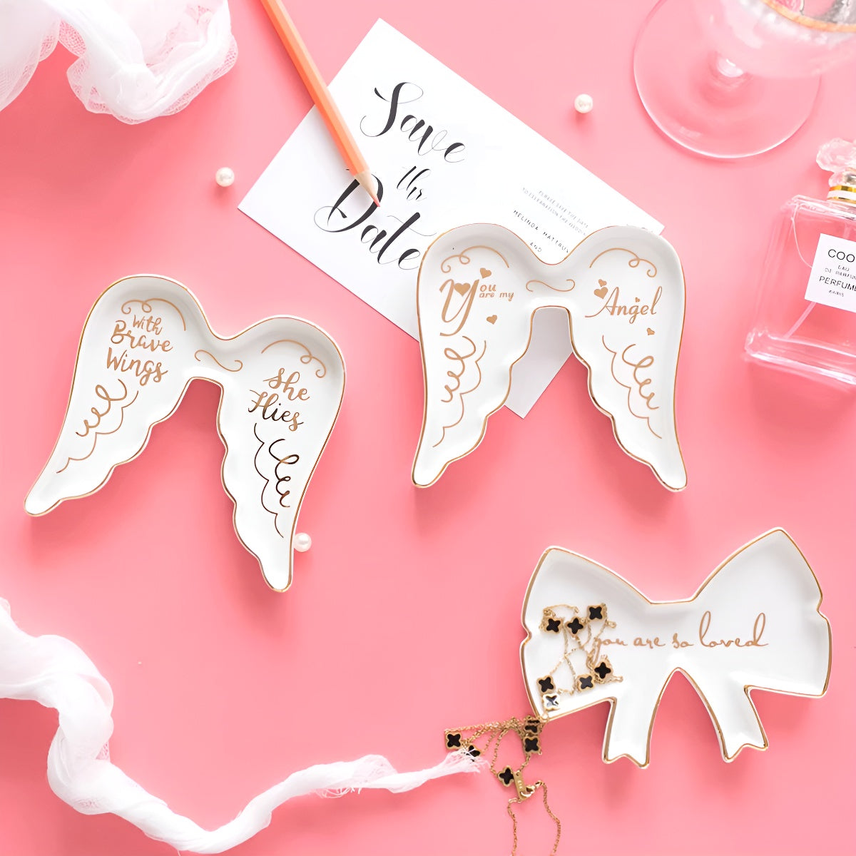 Golden Rim Ceramic Jewelry Tray with Phrases