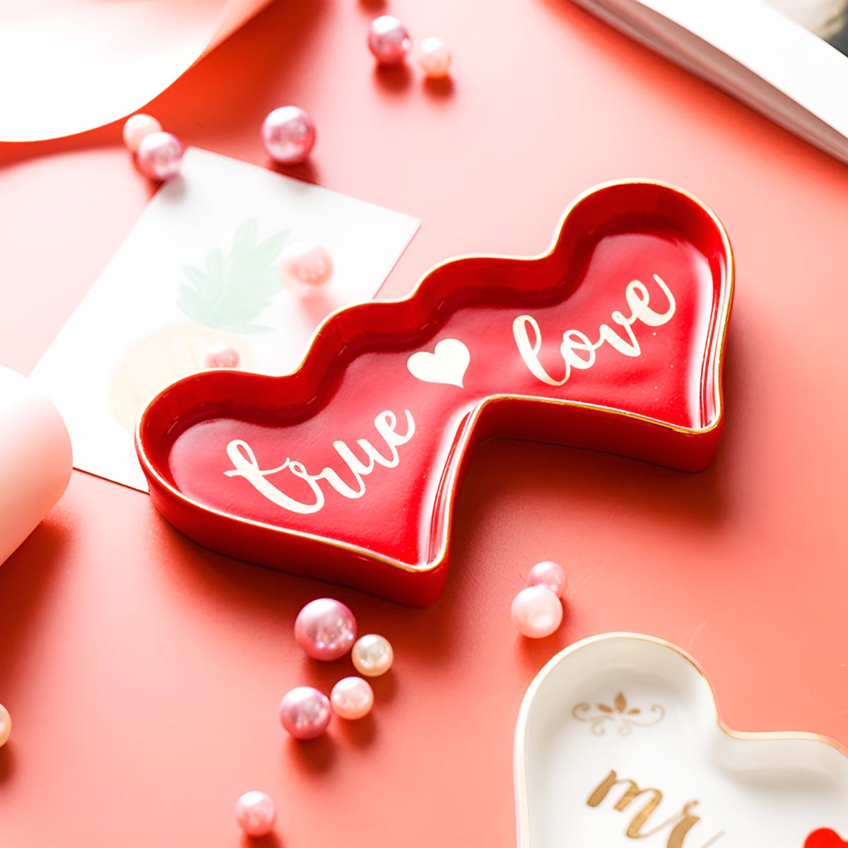 Golden Rim Ceramic Jewelry Tray with Phrases
