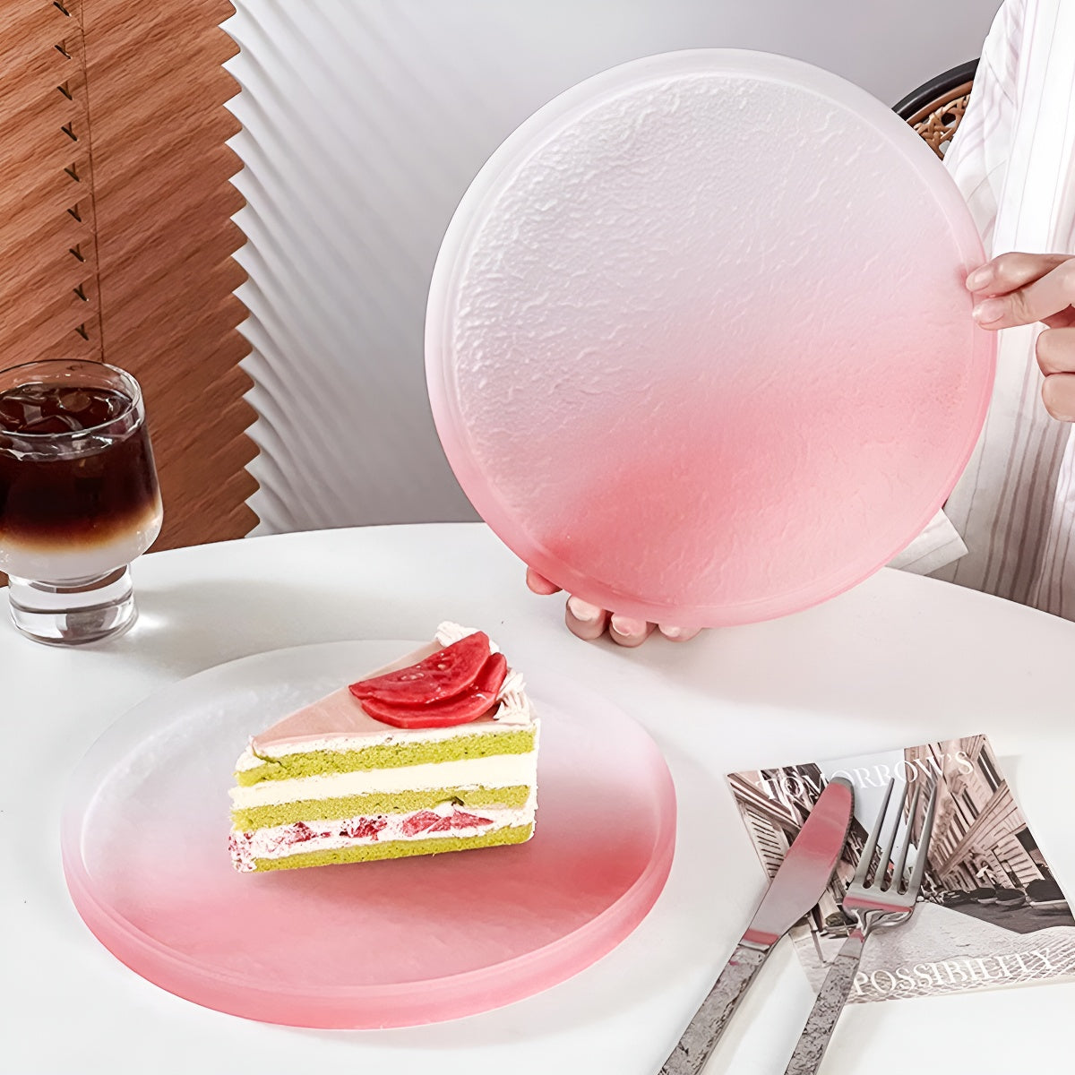 9 Inch Pink Frosted Glass Round Plate