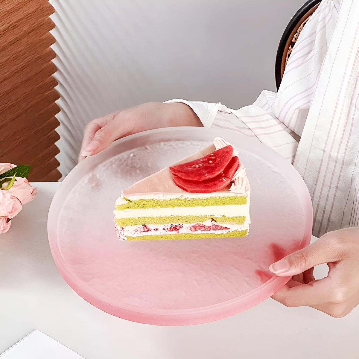 9 Inch Pink Frosted Glass Round Plate
