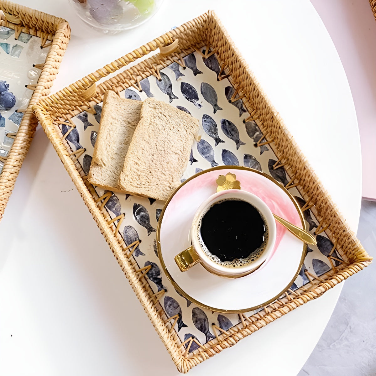 Handmade Rattan Tray with Shell Inlay Mosaic Pattern