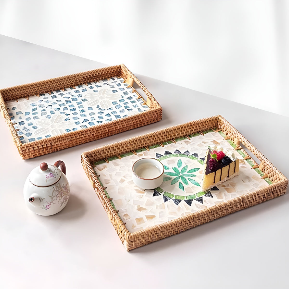Handmade Rattan Tray with Shell Inlay Mosaic Pattern