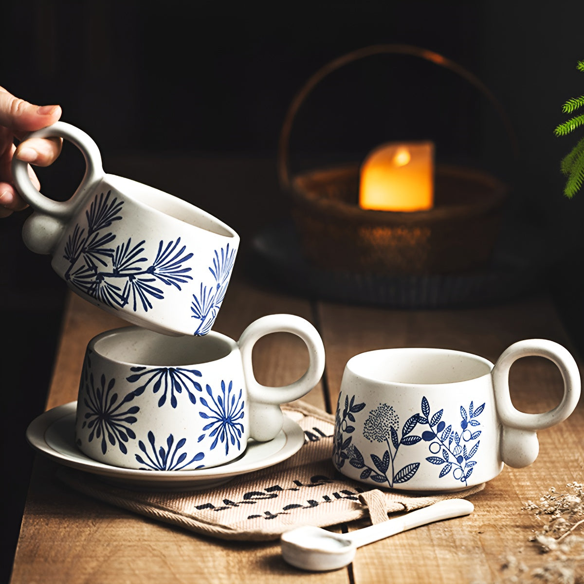 Vintage Handcrafted Ceramic Mug with Botanical Design
