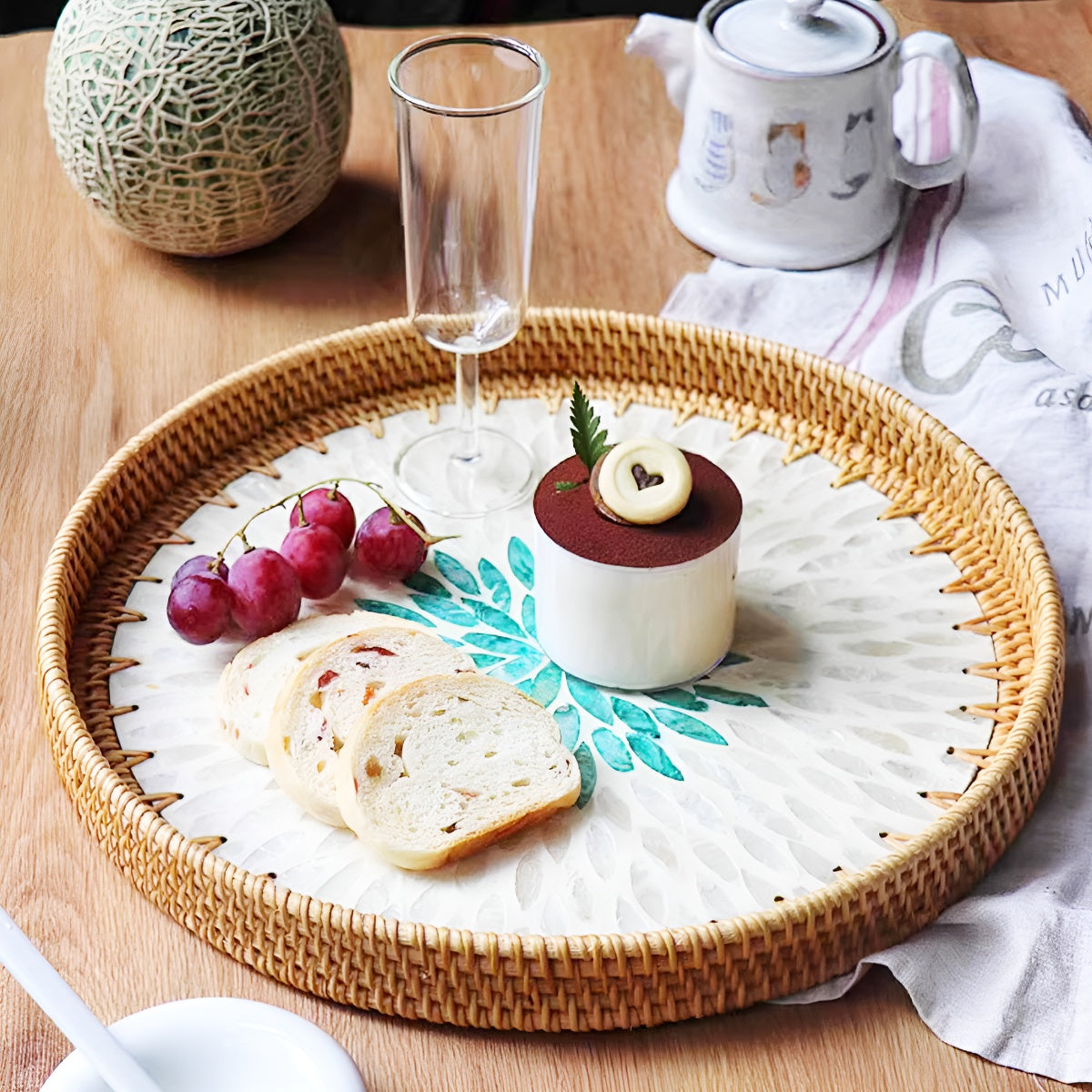 Large Handcrafted Woven Rattan Round Serving Tray with Shell Mosaic Inlay