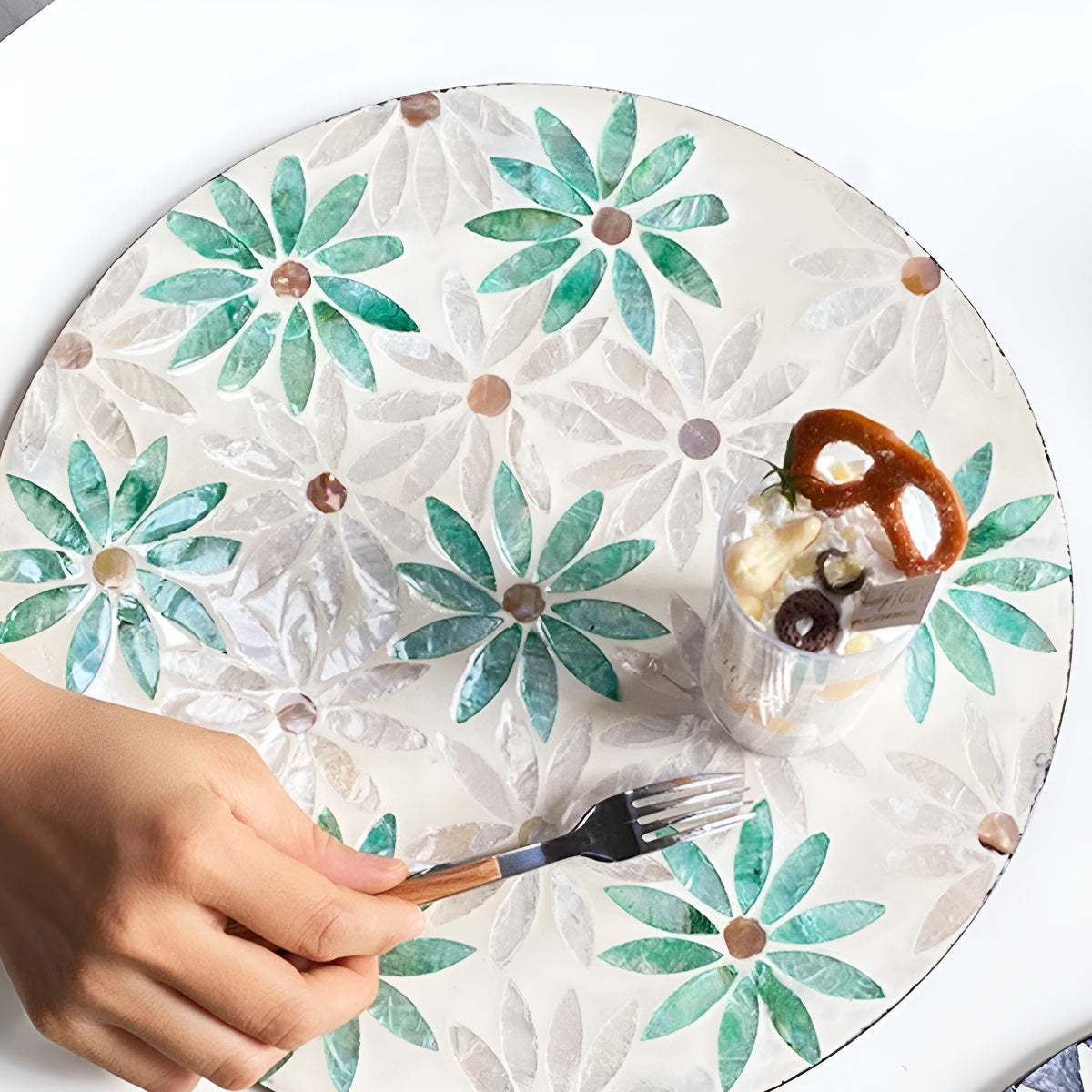 Mother-of-Pearl Mosaic Inlay Flat Serving Plate