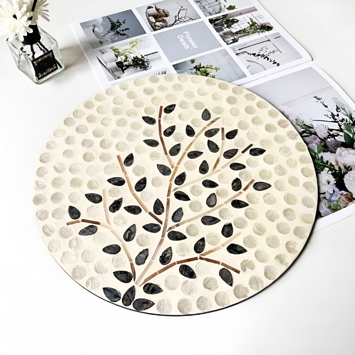 Mother-of-Pearl Mosaic Inlay Flat Serving Plate