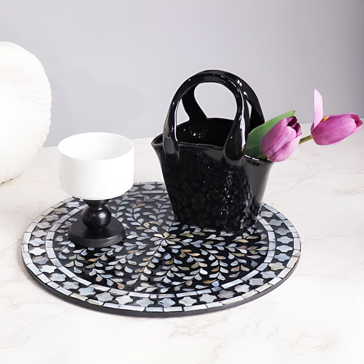 Mother-of-Pearl Mosaic Inlay Flat Serving Plate