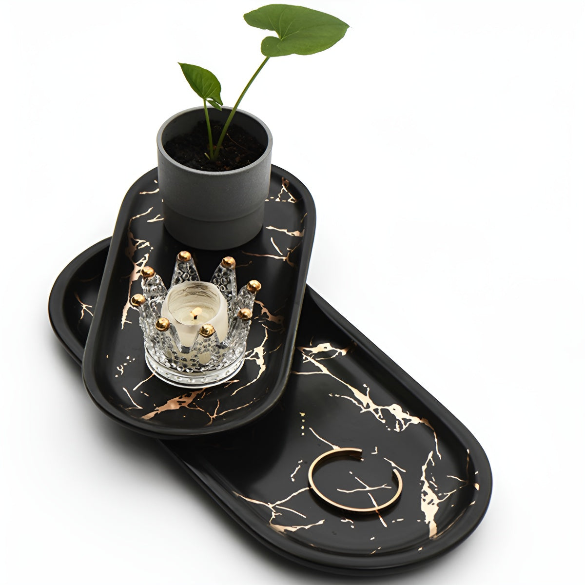 Matte Marble Pattern Ceramic Organize Tray with Gold Veins
