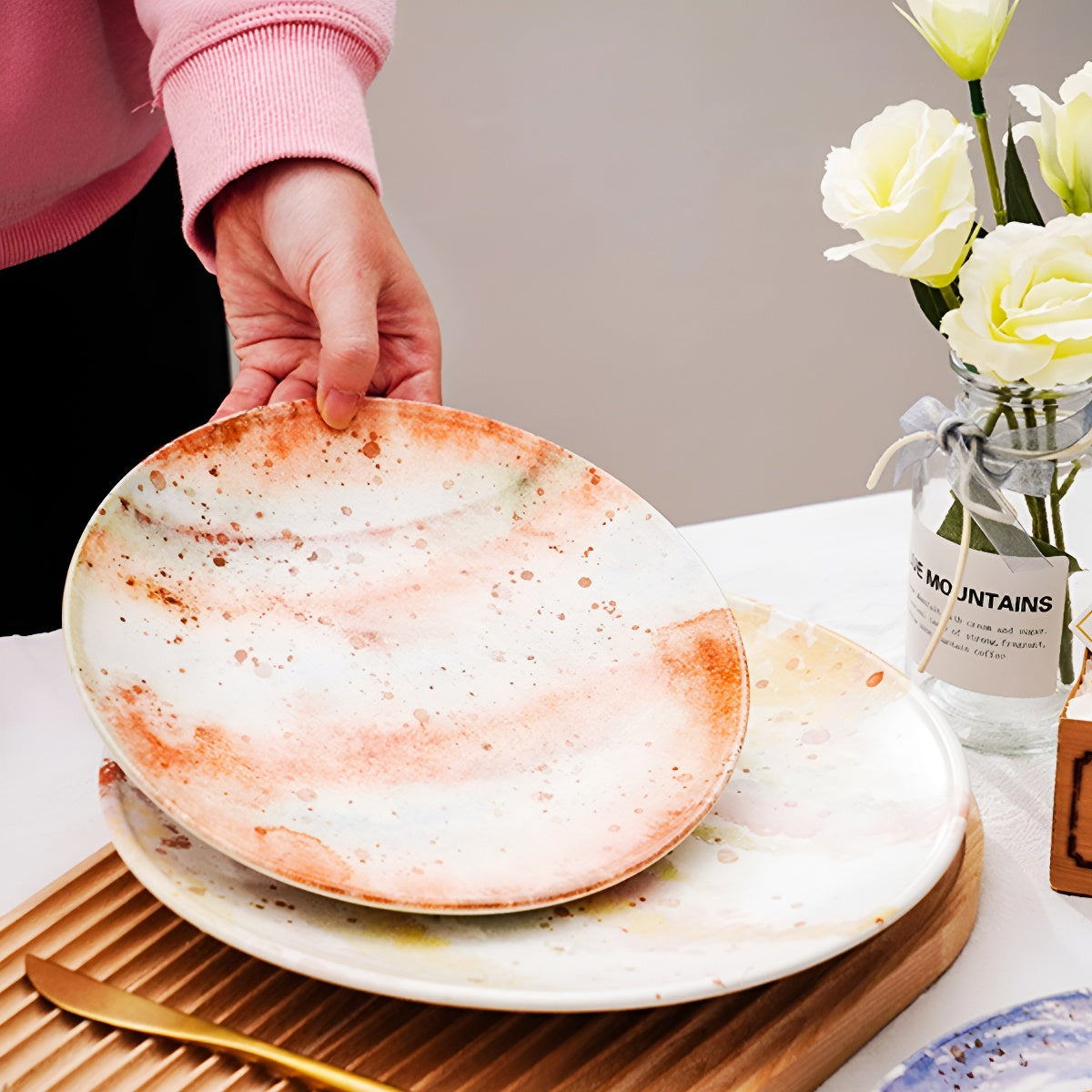 Handcrafted Watercolor Style Ceramic Round Plate