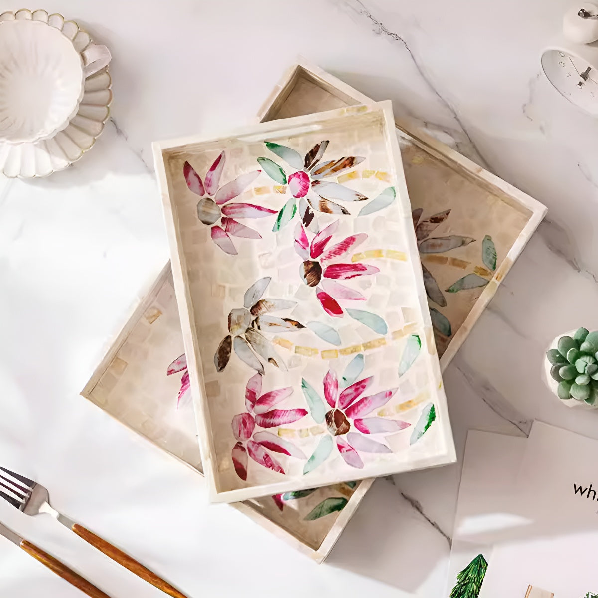 Mother-of-Pearl Mosaic Floral Decorative Tray