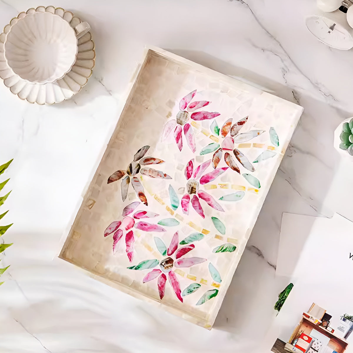 Mother-of-Pearl Mosaic Floral Decorative Tray