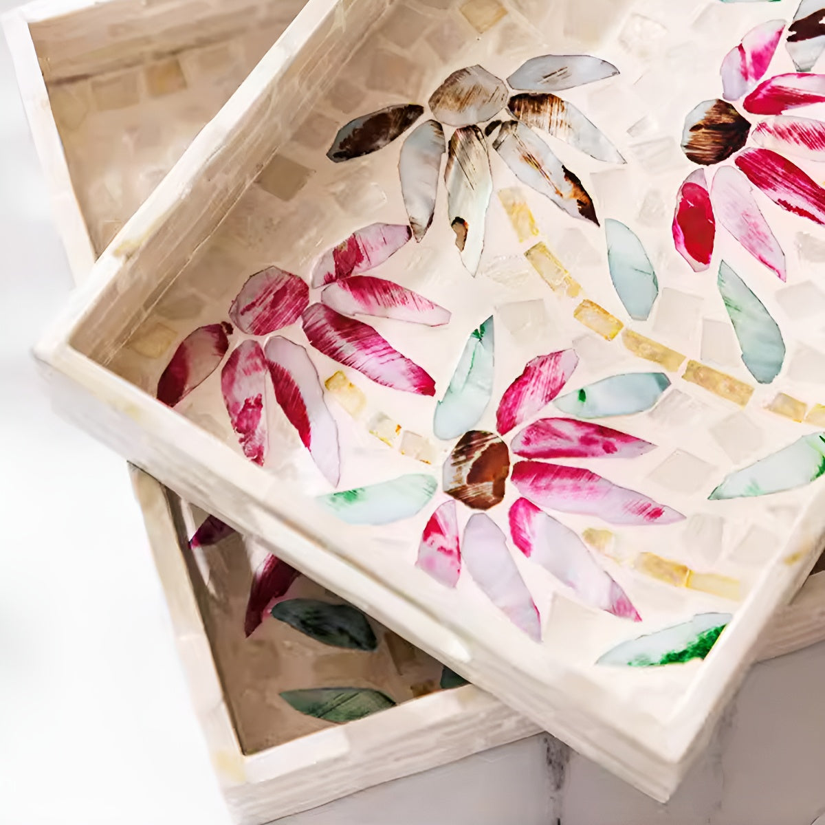 Mother-of-Pearl Mosaic Floral Decorative Tray