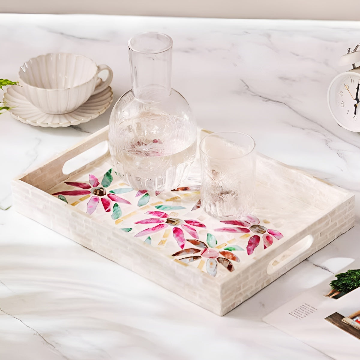 Mother-of-Pearl Mosaic Floral Decorative Tray