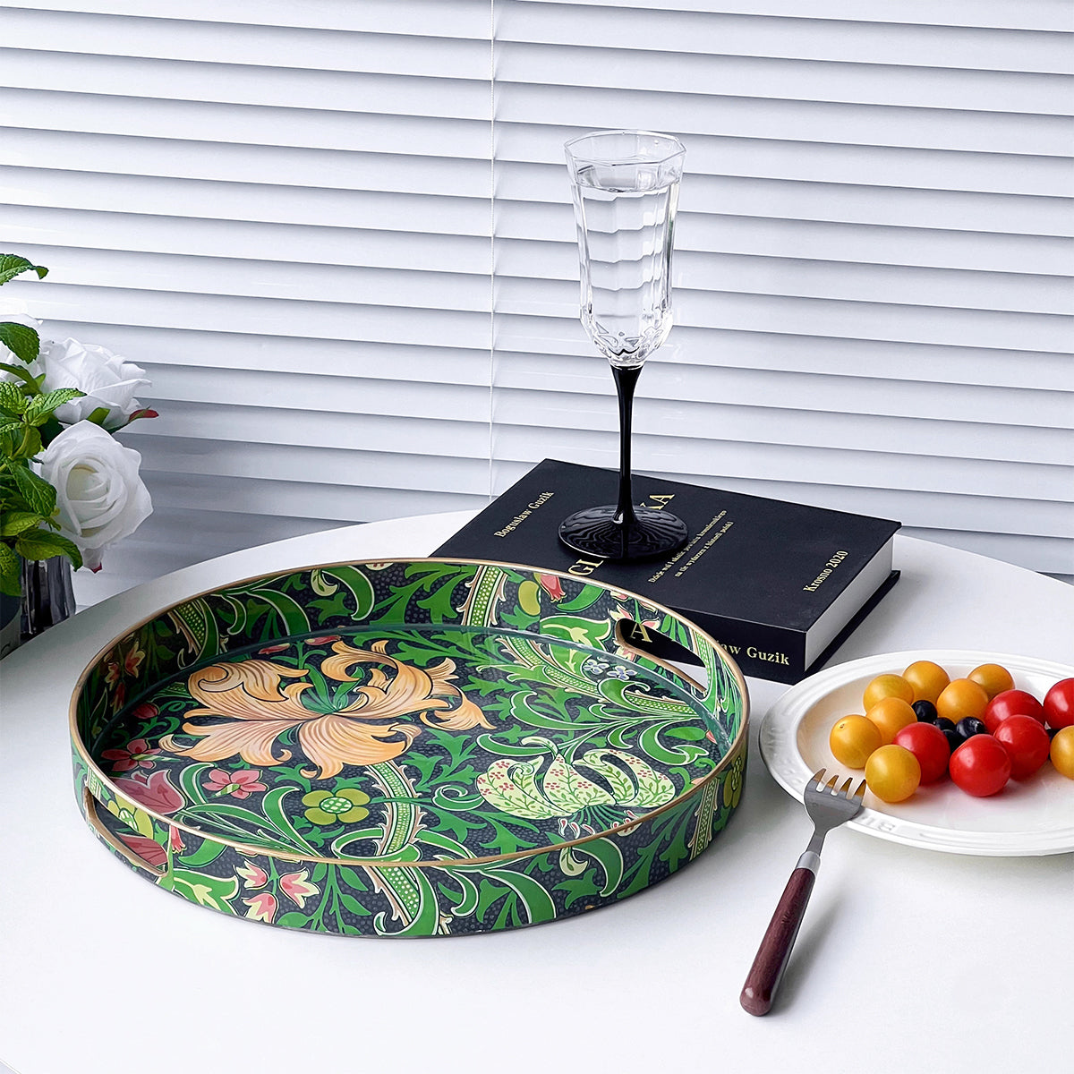 Green Botanical Art Round Serving Tray