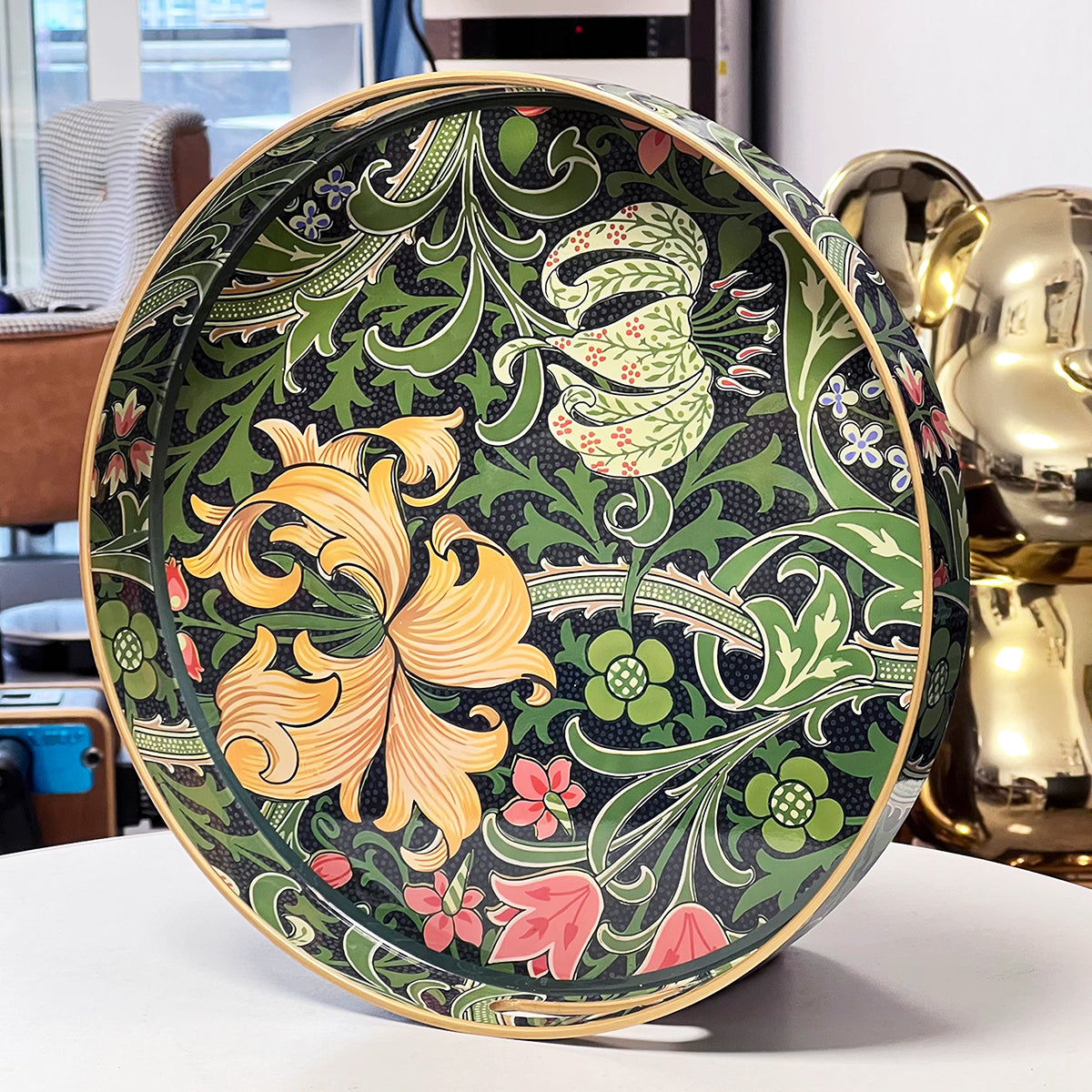 Green Botanical Art Round Serving Tray