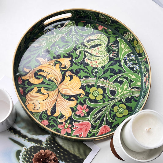 Green Botanical Art Round Serving Tray