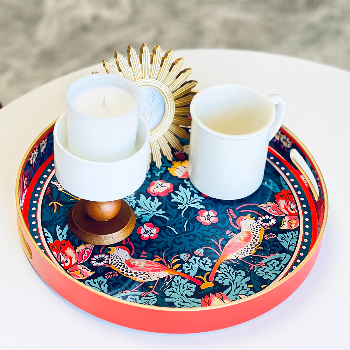 Red Bird & Garden Round Serving Tray