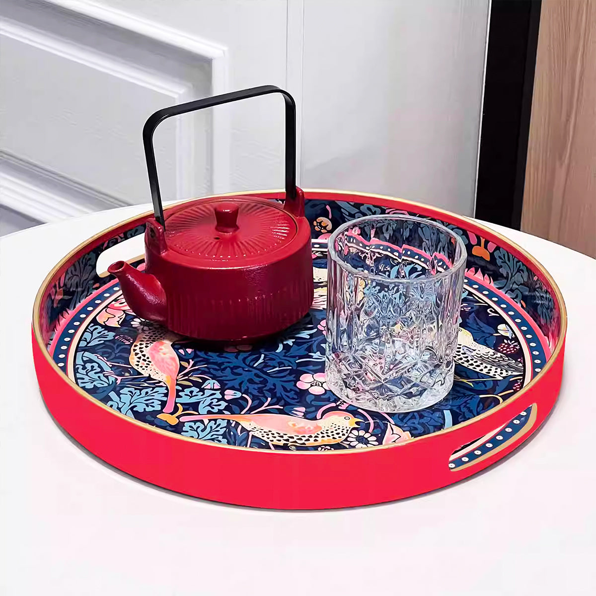 Red Bird & Garden Round Serving Tray