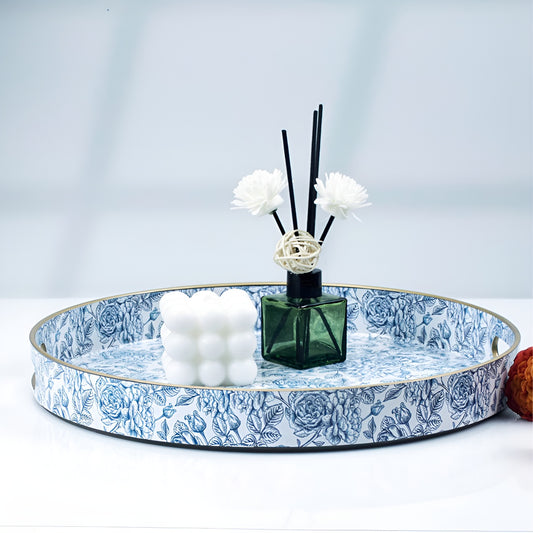 Blue Floral Round Serving Tray