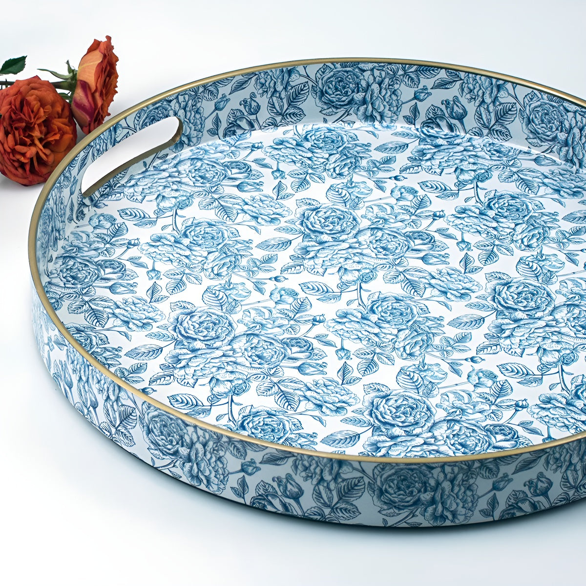 Blue Floral Round Serving Tray