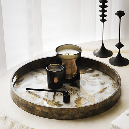 Golden Vintage Bird & Tree Glass Round Serving Tray