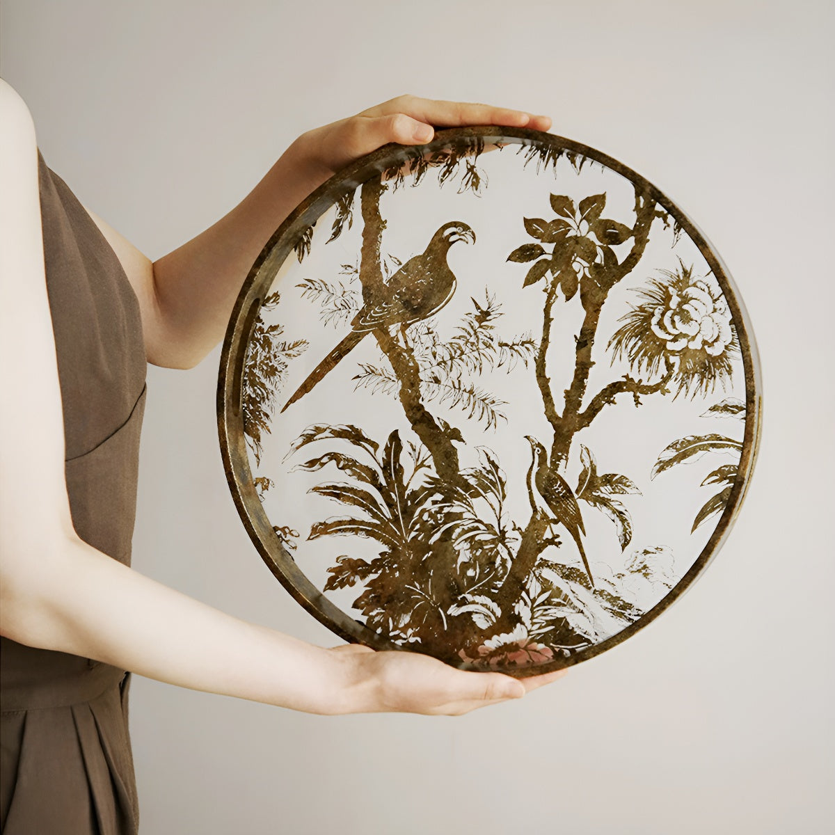 Golden Vintage Bird & Tree Glass Round Serving Tray