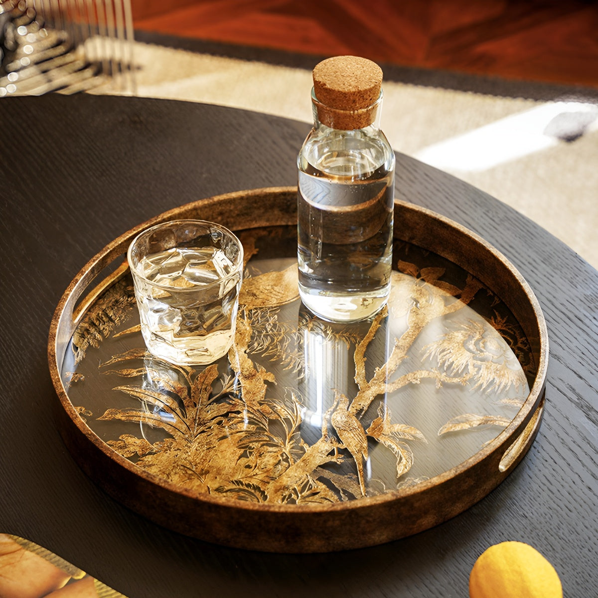 Golden Vintage Bird & Tree Glass Round Serving Tray